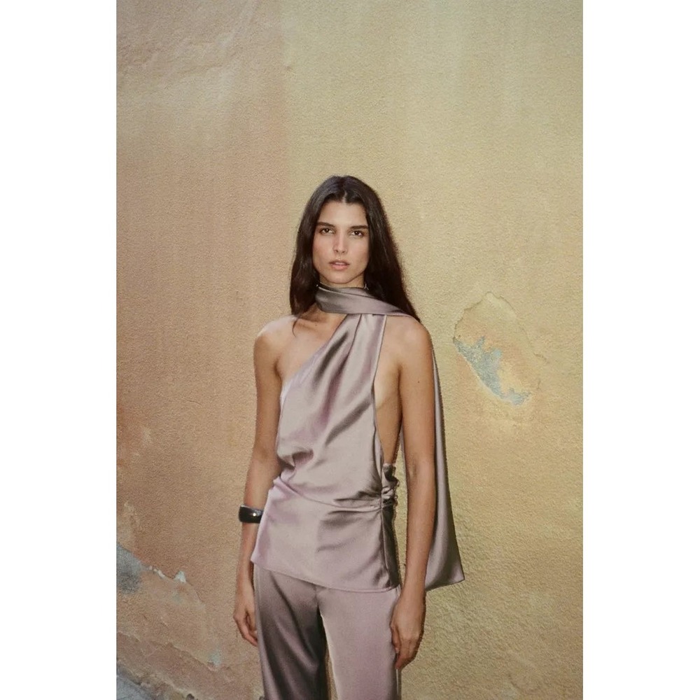 Zara Satin Halter Scarf Top Mauve Brown Size XS
